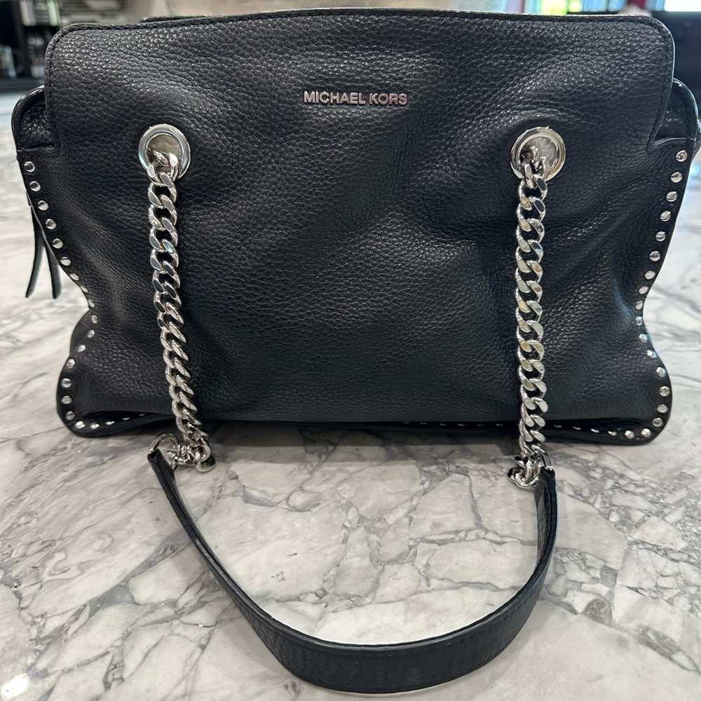 Michael Kors Astor Black Shoulder Bag with Silver Accents